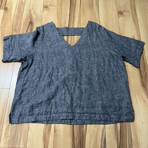 WRAP London Womens Sz 18 Linen Top Blouse Grey Pullover Short Sleeve Back Cutout